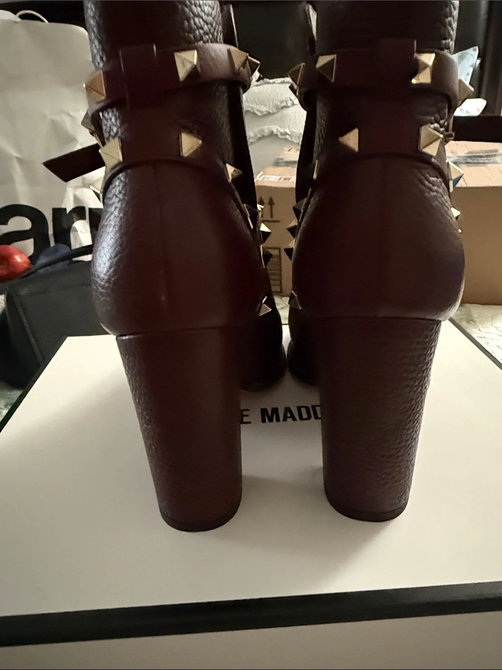 Valentino Garavani Wine Red Studded Leather Ankle Booties